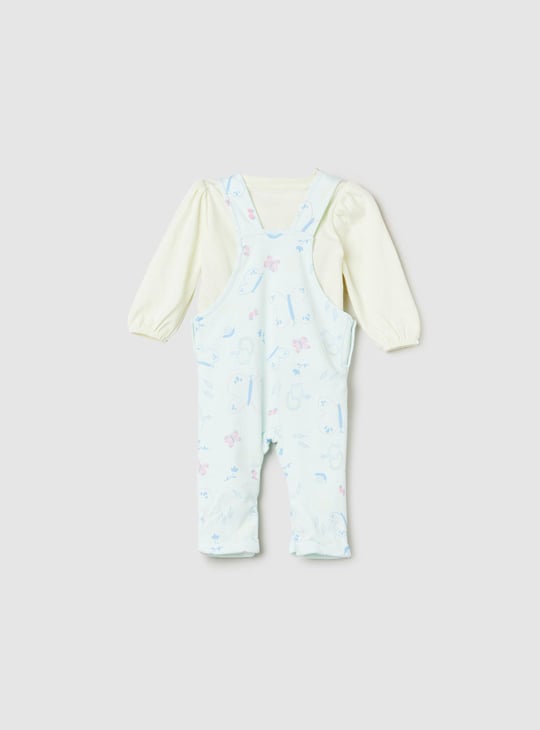 Girls Printed Romper Set With Solid T-Shirt