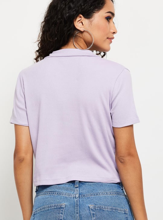Women Solid Cropped Polo Top