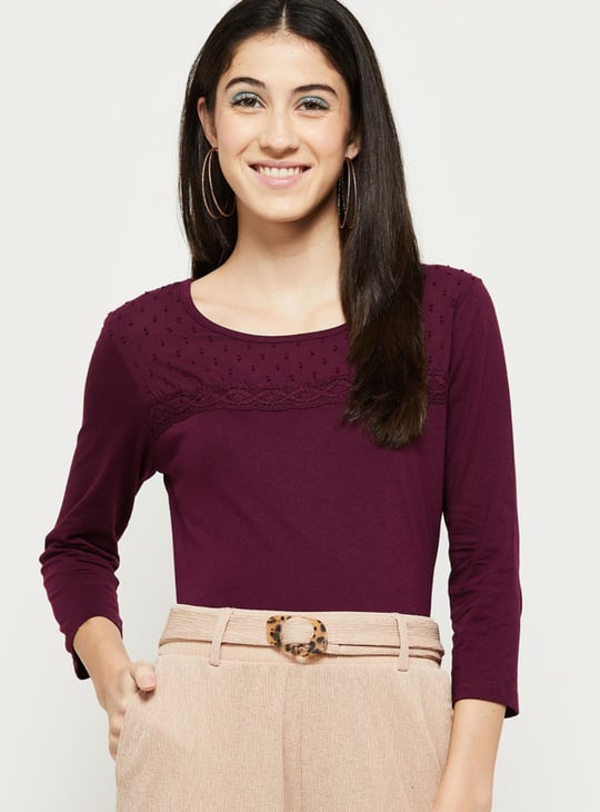 Women Embroidered Three-Quarter Sleeve T-shirt