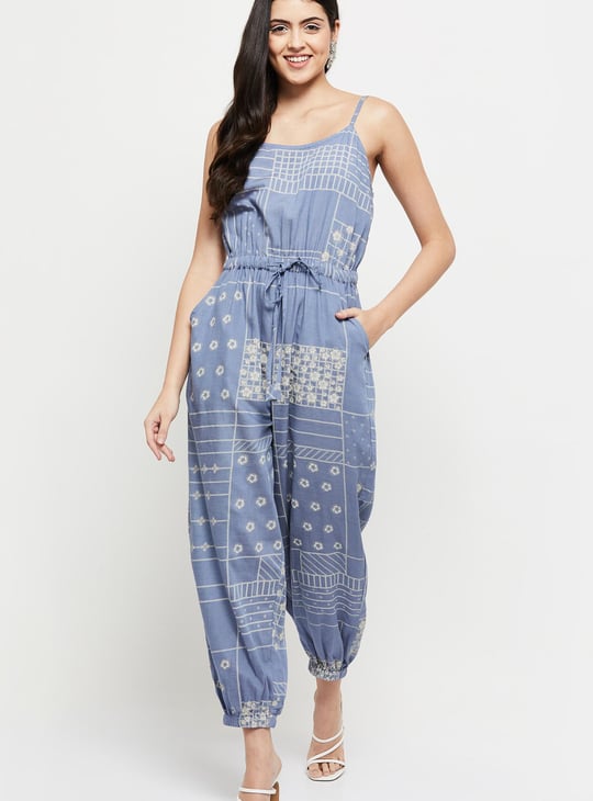 Women Printed Sleeveless Drawstring Waist Jumpsuit 