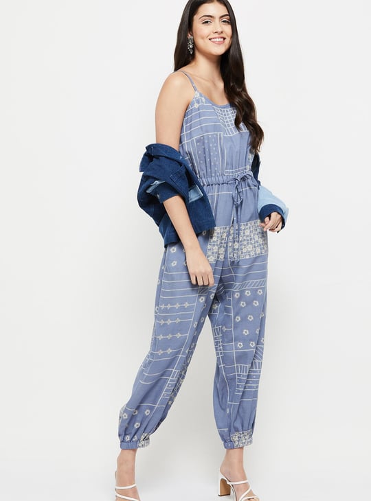 Women Printed Sleeveless Drawstring Waist Jumpsuit 
