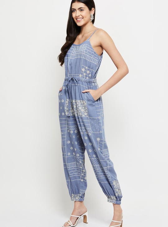 Women Printed Sleeveless Drawstring Waist Jumpsuit 