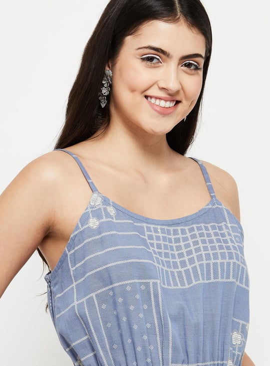 Women Printed Sleeveless Drawstring Waist Jumpsuit 