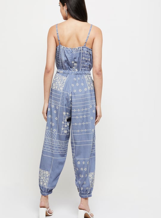 Women Printed Sleeveless Drawstring Waist Jumpsuit 