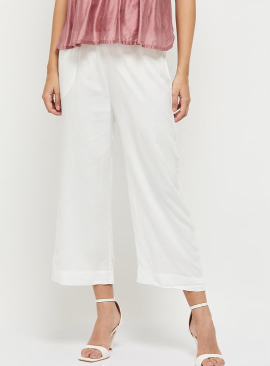 Women Solid Drawstring Closure Straight Pants 