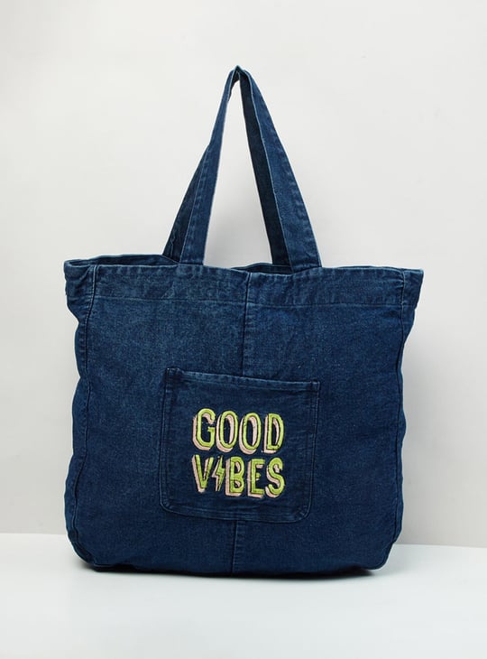 Women Typographic Printed Denim Tote Bag 