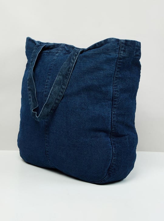 Women Typographic Printed Denim Tote Bag 