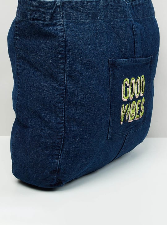 Women Typographic Printed Denim Tote Bag 