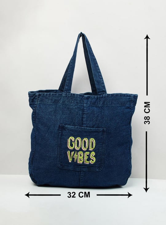 Women Typographic Printed Denim Tote Bag 