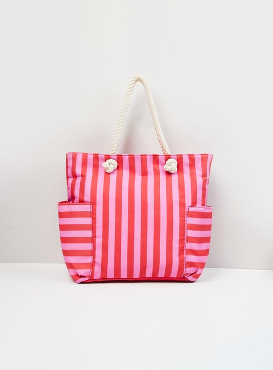 Women Striped Zip Closure Tote Bag 