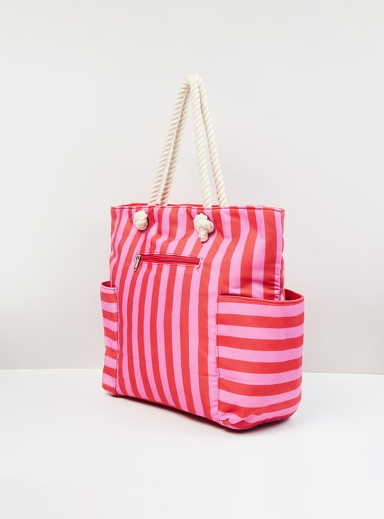 Women Striped Zip Closure Tote Bag 
