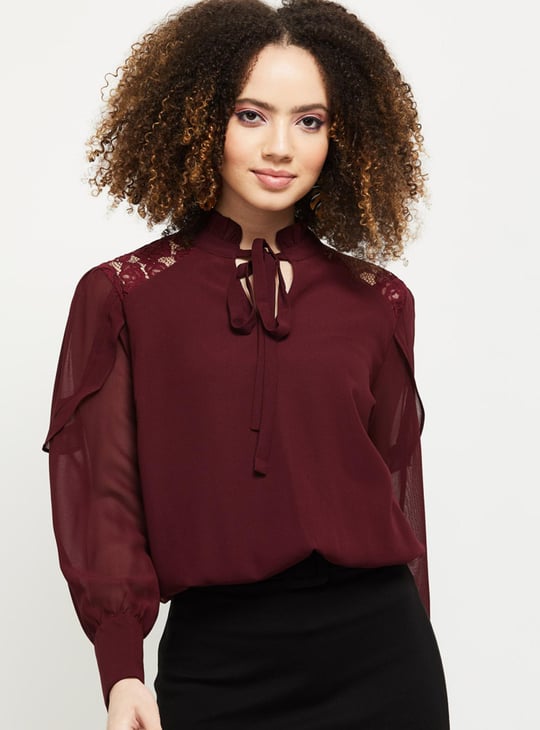 Women Solid Tie-Up Neck Top