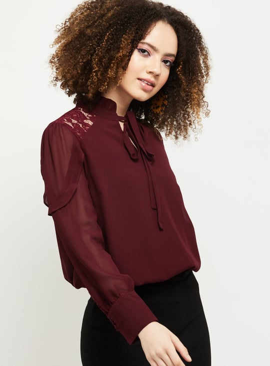 Women Solid Tie-Up Neck Top