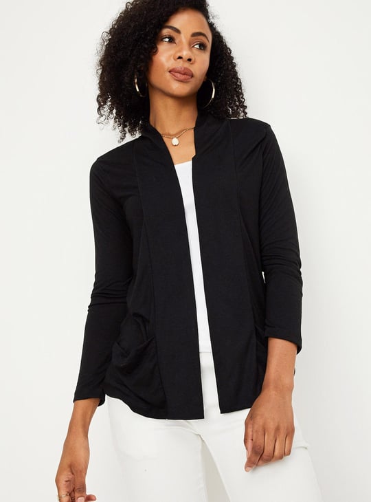 Women Solid Open-Front Shrug Black Solid