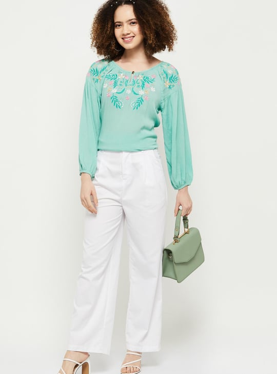 Women Embroidered Keyhole Neck Casual Top