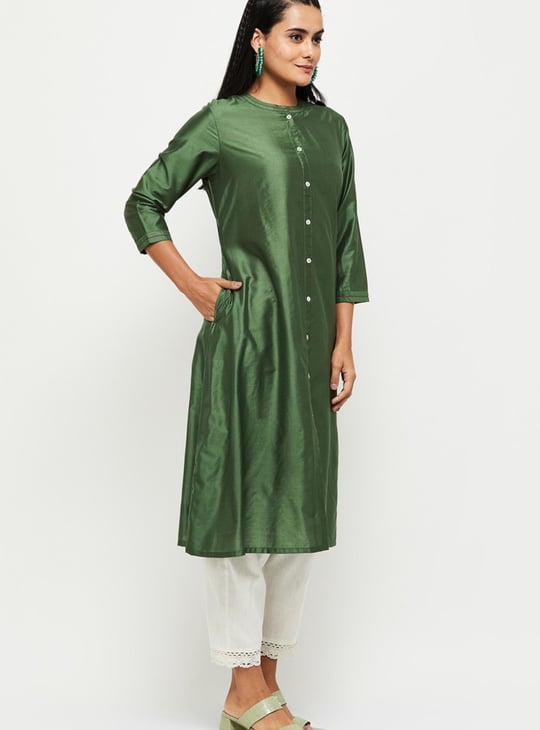 Women Solid Band Collar A-Line Kurta 