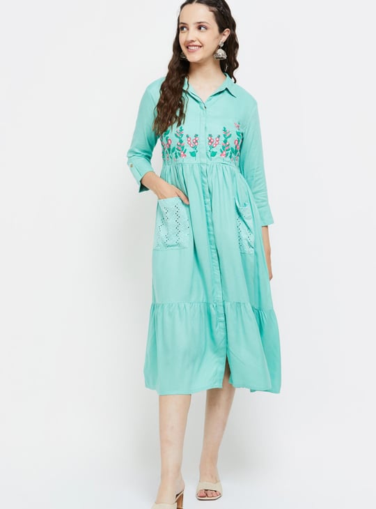Women Floral Embroidered Ethnic Midi Dress 