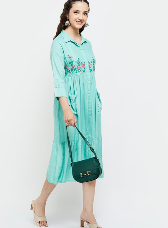 Women Floral Embroidered Ethnic Midi Dress 
