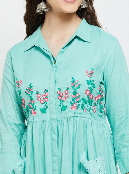 Women Floral Embroidered Ethnic Midi Dress 