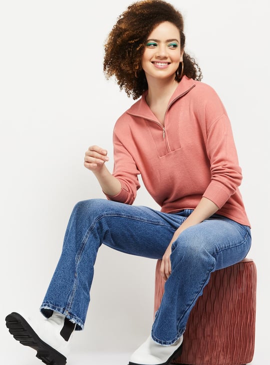 Women Solid High Neck Zip Closure Sweater