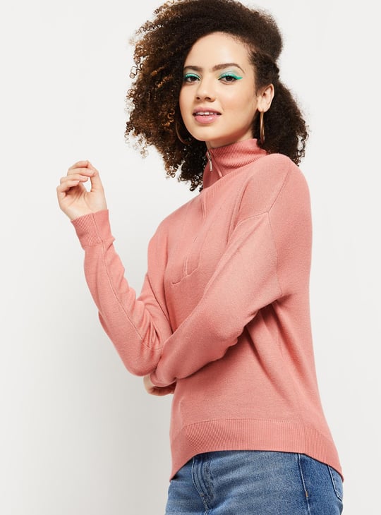 Women Solid High Neck Zip Closure Sweater