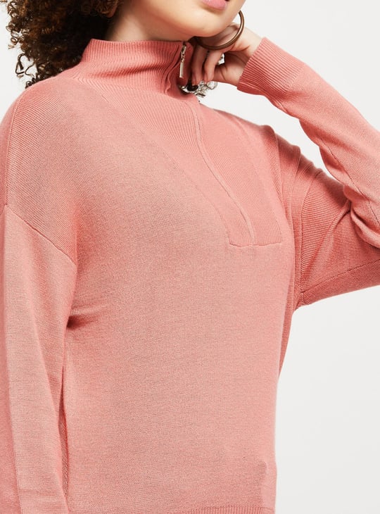 Women Solid High Neck Zip Closure Sweater