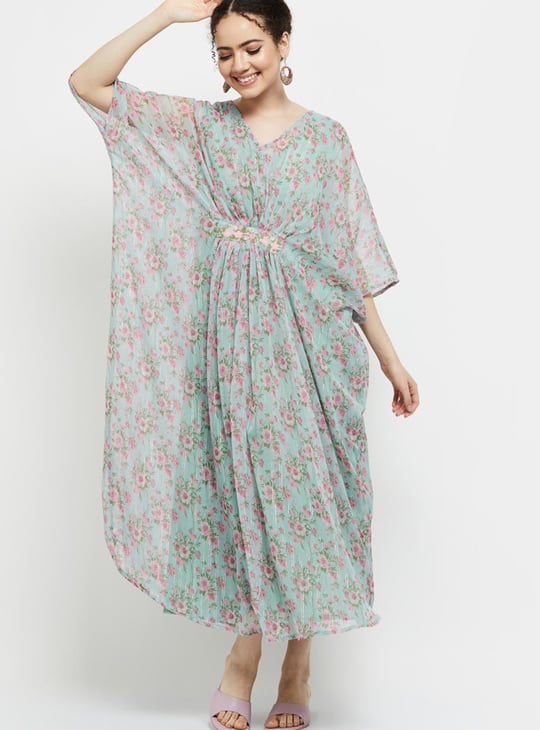 Women Floral Printed Kaftan Maxi Dress 