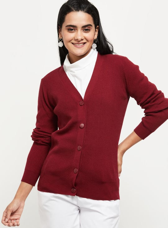 Women Ribbed Knit V-neck Cardigan