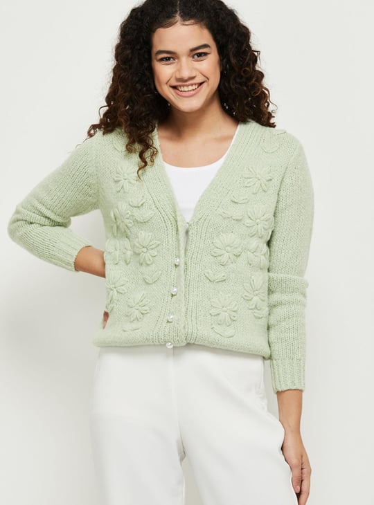 Women Floral Knit V-neck Cardigan