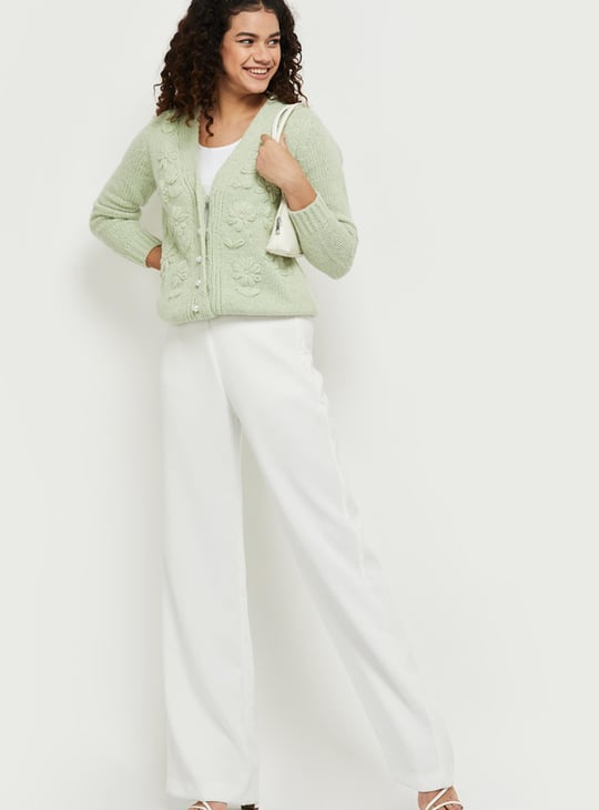 Women Floral Knit V-neck Cardigan