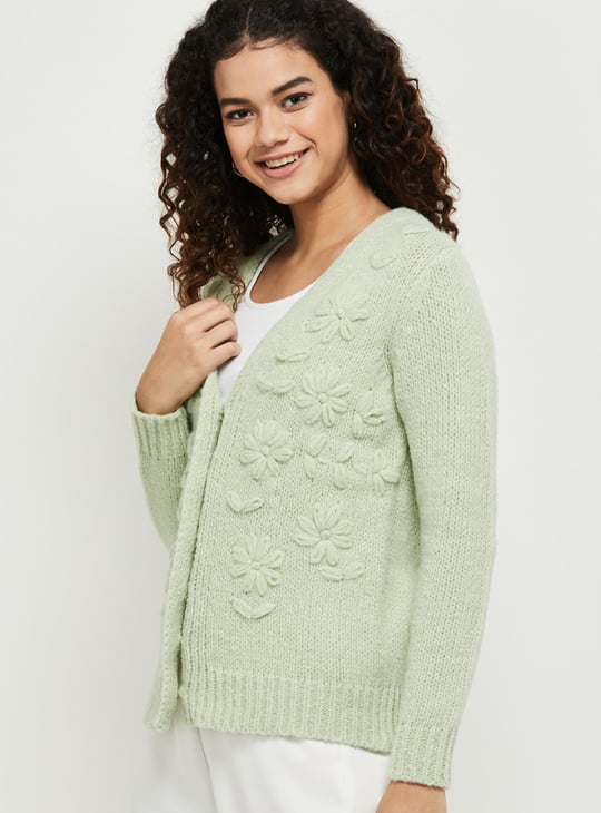 Women Floral Knit V-neck Cardigan