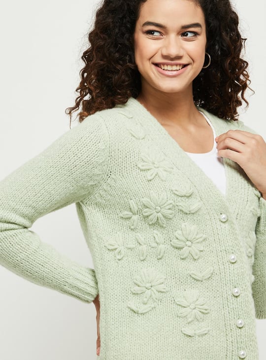 Women Floral Knit V-neck Cardigan