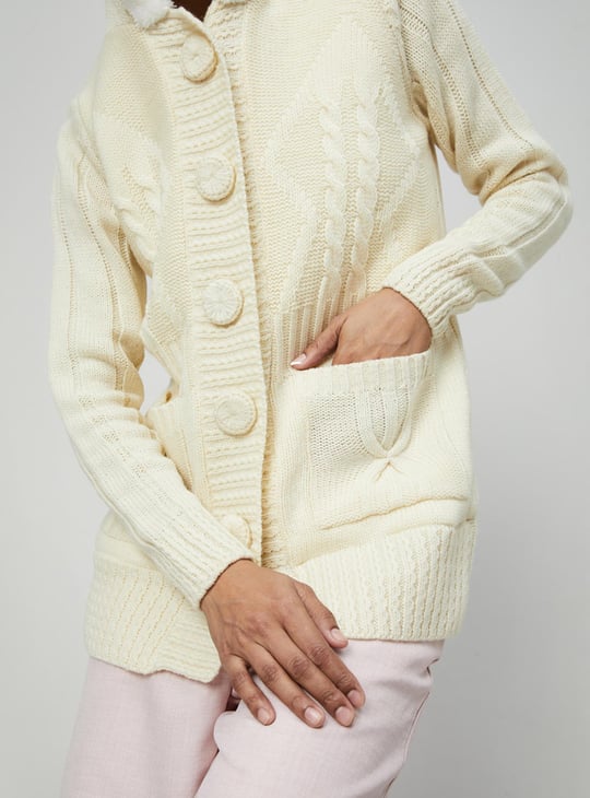 Women Textured Knit Hooded Long Cardigan