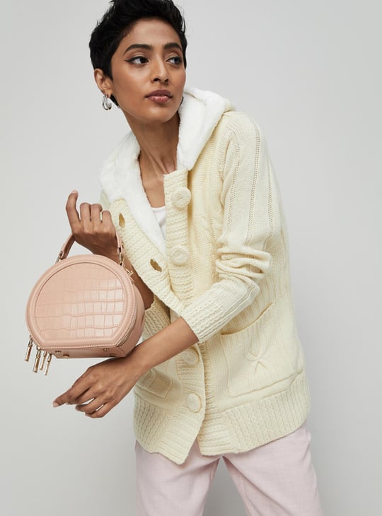 Women Textured Knit Hooded Long Cardigan