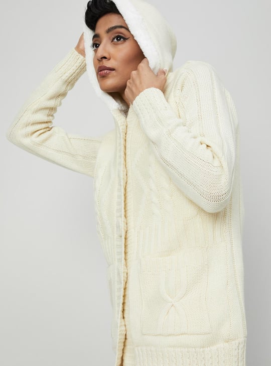 Women Textured Knit Hooded Long Cardigan