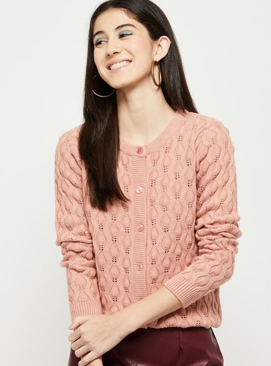 Women Knit Long Sleeve Cardigan with Ribbed Trim 