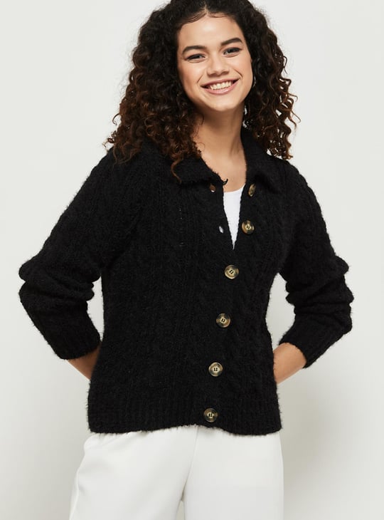 Women Textured Knit Collared Cardigan