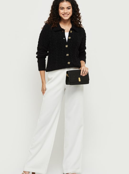 Women Textured Knit Collared Cardigan