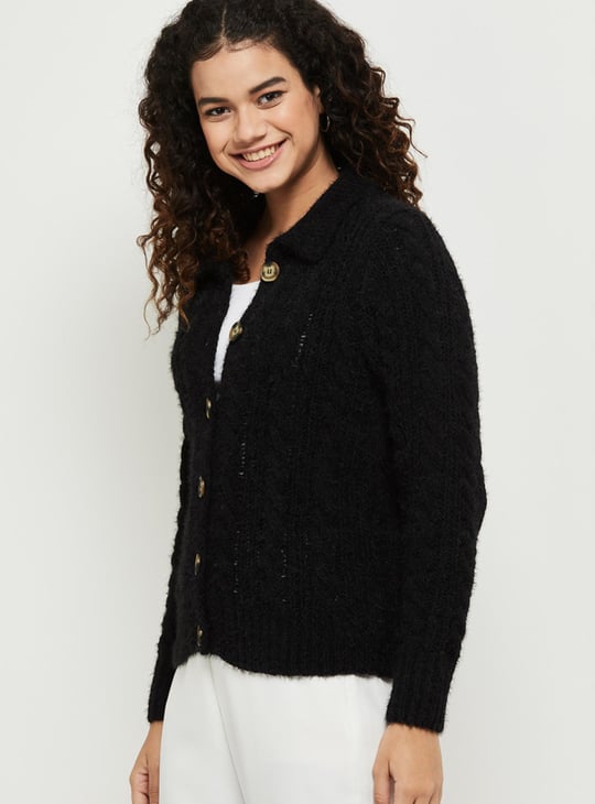 Women Textured Knit Collared Cardigan