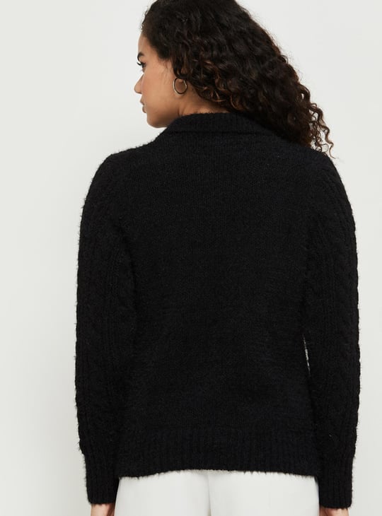 Women Textured Knit Collared Cardigan