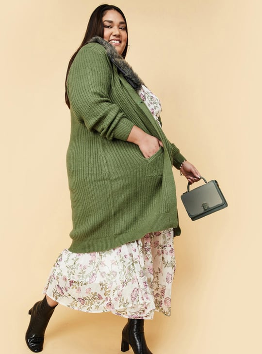 Women Faux Fur Collared Long Cardigan | Green | Textured