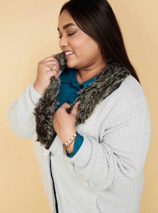 Women Faux Fur Collared Long Cardigan