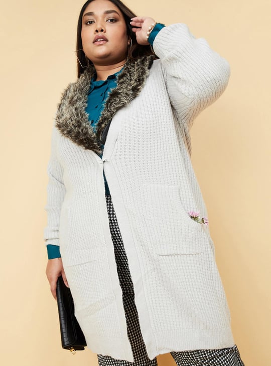 Women Faux Fur Collared Long Cardigan