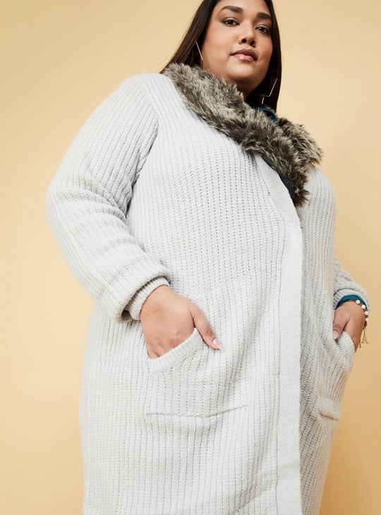 Women Faux Fur Collared Long Cardigan