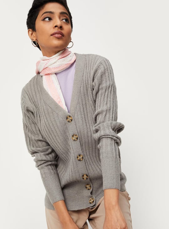 Women Ribbed V-neck Cardigan