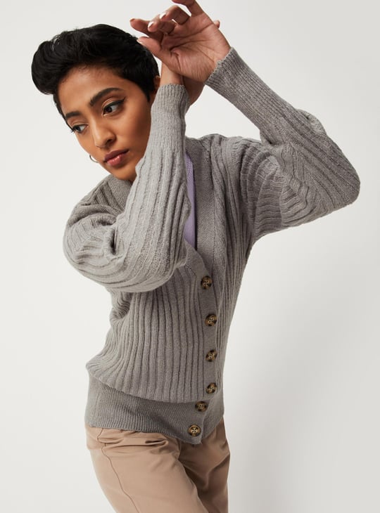 Women Ribbed V-neck Cardigan
