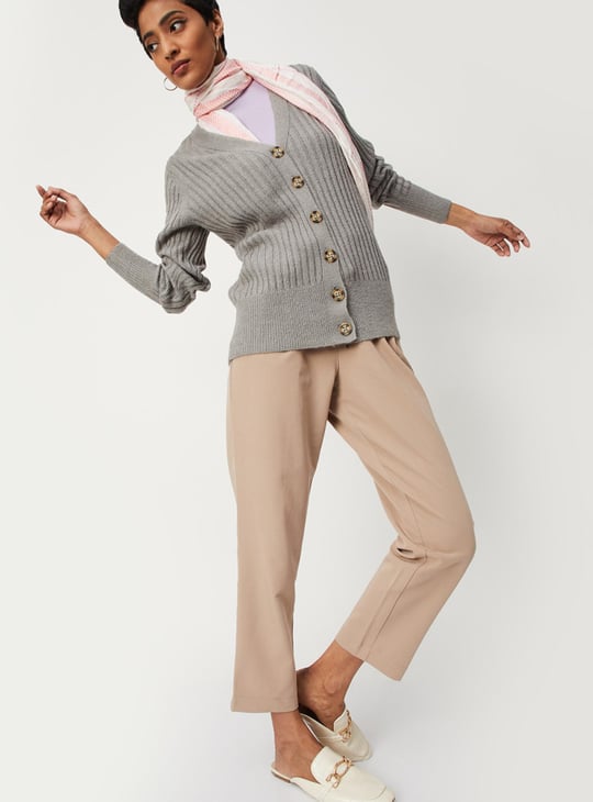 Women Ribbed V-neck Cardigan