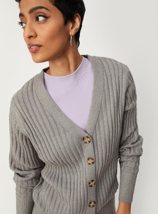 Women Ribbed V-neck Cardigan