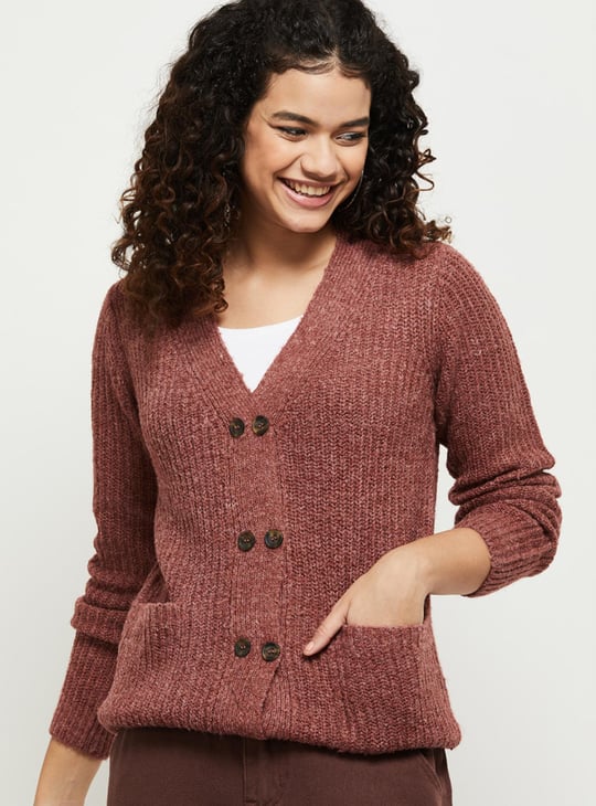 Women Textured Knit V-neck Cardigan