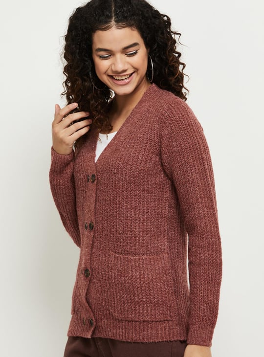 Women Textured Knit V-neck Cardigan